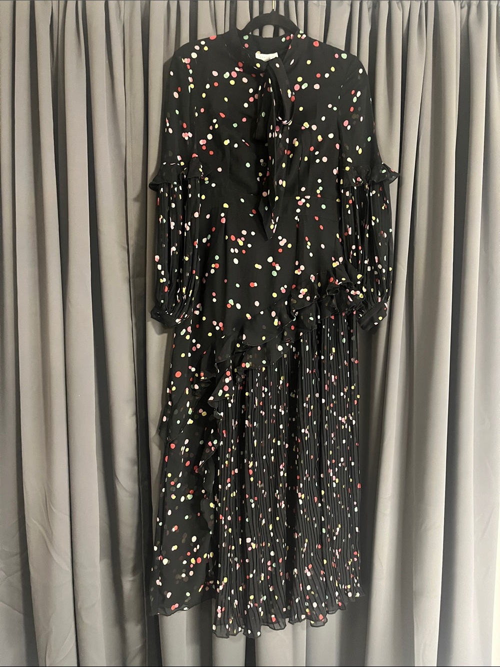 Topshop Black Polka Dot Ruffle Midi Dress with Tie Neck